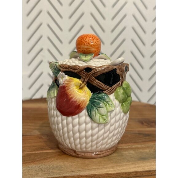 Fitz & Floyd Mediterranean Fruit Sugar Bowl Jam Jar Lid Spoon Vintage 1992 - Picture 1 of 10